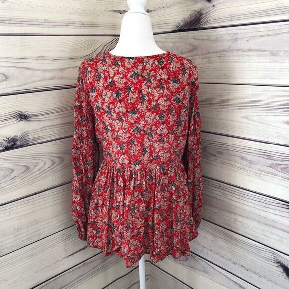 Ivy Jane Red Floral Bird Print Low Cut Long Sleeve Blouse Small - Picture 4 of 6